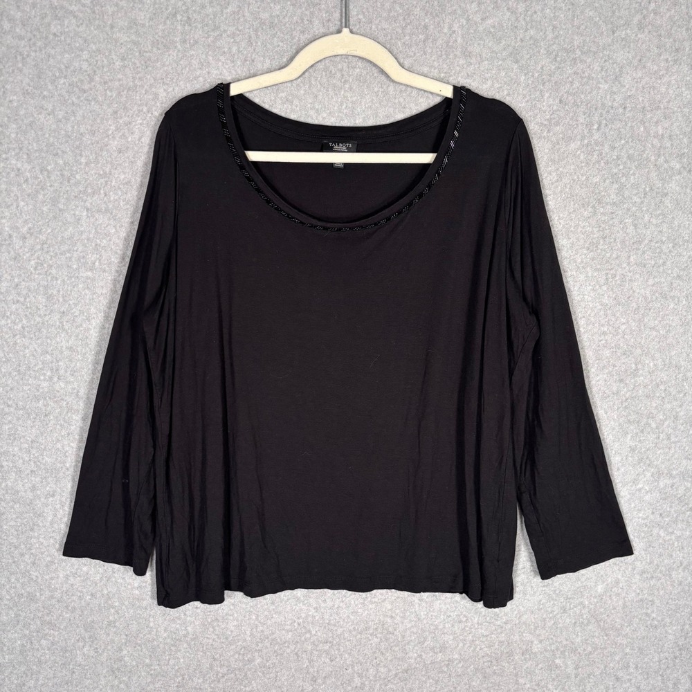 Talbots Beaded Neck Shirt Top 2XP Black Rayon Lyocell Top‎ Soft Jersey Knit Thin